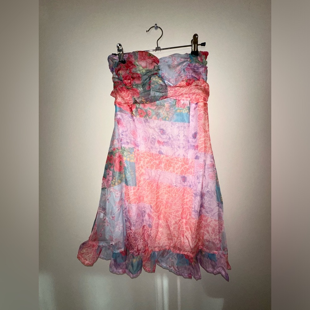 Pink floral strapless open back mini dress
